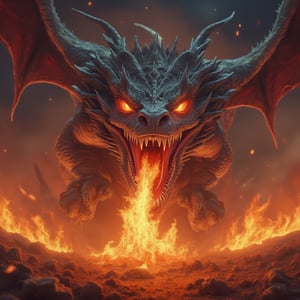 masterpiece, high quality, illustration, solo, dragon flying and firing from mouth, open mouth, teeth, burning the land, red eye, coludy sky, light reflection, FluxBoost, dragon