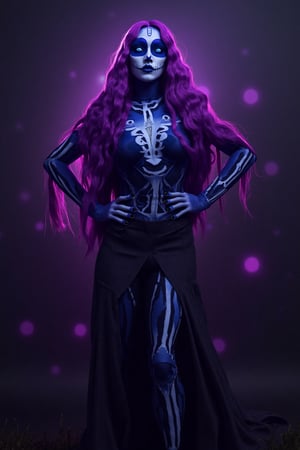 Masterpiece, professional, award-winning, intricate details, ultra high detailed, 64k, dramatic light, volumetric light, create an image of 1girl, expressive eyes, perfect face, (bright purple hair, long hair), perfect anatomy, full body, looking at viewer, bright blue eyes, beautiful face, perfect face, perfect hands, perfect legs, super detailed clothing, intricate clothing, super detailed and intricate makeup,with white skin, long wavy purple hair, thin blue eyes with a medium bust dressed as Catrina from the Day of the Dead in Mexico. She wears very detailed makeup alluding to the Day of the Dead in Mexico called Catrina, She is standing next to a large grave, photorealistic, 8k, realistic shadows. Showcasing incredible texture and detail. Rendered in high-quality, super-detailed textures. Meticulously illustrated. Adds ominous atmosphere in the image, 8k,Face_Paint