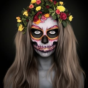 Masterpiece, High quality, illustration, 1girl, solo, long hair, looking at viewer, dark horror background, hair ornament, flower, grey hair, teeth, hair flower, grey background, halo, sunflower, horro theme,Face_Paint