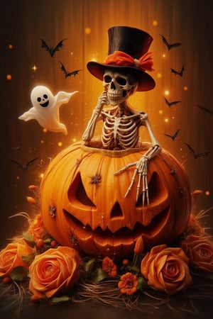 A whimsical Halloween-themed digital airbrush illustration features a cute skeleton sitting atop a large, vibrant orange jack-o'-lantern with triangular eyes, a triangular nose, and a wide, toothy grin carved into it. The skeleton, depicted in bone white (#f5f5dc), wears an elegant black top hat adorned with a bright orange ribbon tied into a large bow on the right side. The skeleton's pose is relaxed yet thoughtful, with its left leg crossed over the right, resting against the pumpkin while its right hand supports its head, touching the cheek. Its left arm rests across its ribcage, creating a contemplative expression. Surrounding the central figures are numerous bright orange roses with green leaves scattered around the base of the pumpkin and throughout the scene, adding to the festive Halloween atmosphere. In the background, several black bats are flying amidst small, sparkling stars and golden spots, enhancing the spooky ambiance. A playful white ghost with two black eye holes and a small mouth floats near the skeleton on the left side of the image. The overall lighting is warm and soft, creating a magical glow that highlights the main subjects and adds depth to the composition. The color palette includes burnt orange, bone white, midnight black, and pale yellow, contributing to the eerie yet charming mood of the illustration. The gradient background transitions from dark brown at the bottom to amber at the top, with subtle bokeh effects and glowing spots, further emphasizing the festive Halloween theme.,Halloween2024