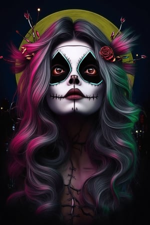 Masterpiece, High quality, illustration, 1girl, solo, long hair, looking at viewer, simple background, hair ornament, flower, grey hair, teeth, hair flower, dark horror night , halloween theme, full moon background, horro environment,Face_Paint