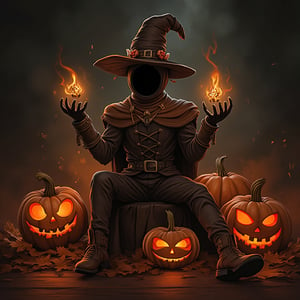 Masterpiece, high quality, illustration, 8k , solo, hat, sitting, no humans, witch hat, halloween, jack-o'-lantern, pumpkin, Halloween2024