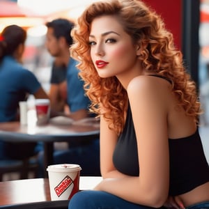 masterpiece, best quality, ultra-detailed, illustration,A photorealistic portrait of an 30-year-old girl with captivating beauty, her hair styled in a curly and dyed a mesmerizing red, dressed in a simple black top and tight jeans that highlight her natural beauty. Big Breast. The background should depict a relaxed dominos coffee shop sitting, front face camera, with soft lighting, comfortable, and people enjoying their conversation. The girl's expression should be one of peace and contentment, showcasing her enjoyment of the moment.
, Realistic_Hyper_Pro