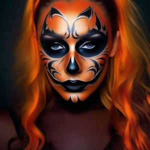 A photorealistic portrait of a young girl, 1girl, solo, halloween face art, makeup, dark background, realestic, ultra detailed, ultra realistic, 8k quality