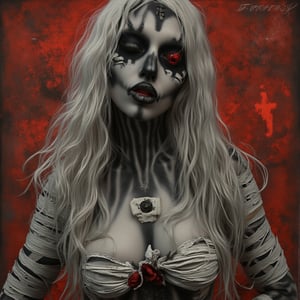 Masterpiece, High quality, illustration, 1girl, solo, long hair, horror background, bikini, upperbody, white hair, parted lips, horns, lips, bandages, cross, facing viewer, bandaged arm, stitches, horror theme, Face_Paint, FluxBoost