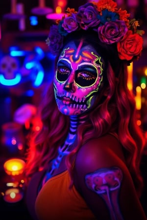 Vibrant sugar skull makeup for Halloween, inspired by Día de los Muertos. A female model with her face painted in intricate, colorful patterns resembling a skull, with roses and marigolds woven into her hair. The background is filled with glowing candles, skulls, and festive decorations. Bright blues, pinks, and oranges dominate the color palette. The overall atmosphere is festive, yet slightly eerie, with a blend of traditional Mexican elements and a celebratory mood.,Face_Paint