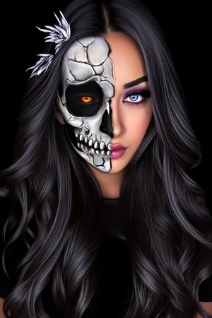 Masterpiece, High quality, illustration, 1girl, solo, long hair, looking at viewer, simple background, hair ornament, flower, grey hair, teeth, hair flower, dark horror background, halloween theme, full moon background, horro environment,Face_Paint