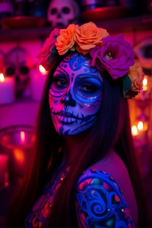 Vibrant sugar skull makeup for Halloween, inspired by Día de los Muertos. A female model with her face painted in intricate, colorful patterns resembling a skull, with roses and marigolds woven into her hair. The background is filled with glowing candles, skulls, and festive decorations. Bright blues, pinks, and oranges dominate the color palette. The overall atmosphere is festive, yet slightly eerie, with a blend of traditional Mexican elements and a celebratory mood.,Face_Paint