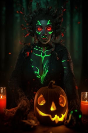 A bewitching Halloween scene: A mysterious witch stands before a glowing jack-o'-lantern, bathed in the warm, flickering light of candles and the eerie glow of the pumpkin's eyes. Her skin is painted with glowing green stripes, like veins of otherworldly life. Her bold, red-rimmed eyes seem to burn like embers from a dying fire. Snakes of curly hair writhe out of her scalp, as if alive. The dark forest backdrop looms behind, heavy with the shadows of Halloween night,Halloween2024,Face_Paint