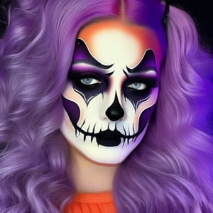 A photorealistic portrait of a young girl, 1girl, solo, white face, purple hair, halloween face art, makeup, dark background, realestic, ultra detailed, ultra realistic, 8k quality