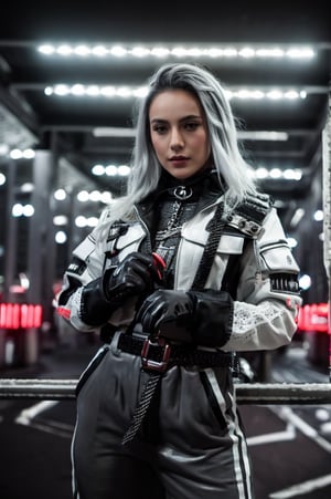 In a gritty, neon- lit dystopian cityscape, a female driver stands out in a vibrant white lace jumpsuit with bold stripes, her dark grey uniform smudged with grime and accessorized with mismatched belts, gloves, and chains. She wears a determined gaze as she gazes directly at the viewer, her athletic physique captured in a cinematic shot by the EOS D5 Canon Mark IV camera.