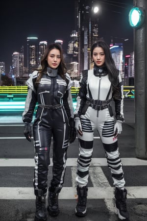  The duo stands out against this futuristic setting, (dark grey uniforms) , worn and smudged with grime, and accessorized with (mismatched belts), (gloves), and (chains that add to their rugged charm).,angelawhite, A dynamic Pop Art-inspired racing scene: A female driver in (a vibrant white lace jumpsuit with bold stripes stands out against the gritty), neon-lit dystopian cityscape. Captured by the EOS D5 Canon Mark IV camera, the ((cinematic shot)) showcases her full body, striking visage, and athletic physique as she gazes directly at the viewer. Professional color grading enhances the bold colors.,AJ


