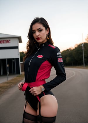 1girl wearing a red and black racing suit with white checkered side panels, various racing logos on the chest, a black belt, solo, long hair, breasts, looking at viewer, brown hair, black hair, thighhighs, long sleeves, brown eyes, jewelry, standing, cowboy shot, earrings, outdoors, parted lips, black thighhighs, blurry, leotard, lips, hand on hip, makeup, blurry background, ground vehicle, black leotard, motor vehicle, multicolored clothes, zipper, hands on hips, realistic, red lips, car, race queen, photo background, ,Adr1anaCh3chik,alexapearl