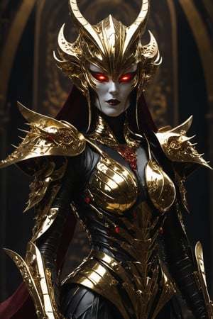 (((Full body portrait))), Futuristic alien woman goddess, Samurai-like mask, in polished chrome armor with glowing reptile-like eyes, gold and burgundy accents, unknown materials, realistic detailed digital painting, cinematic lighting, fantasy, character design by Craig Mullins and H. R. Giger, 4k resolution,futuristic alien
