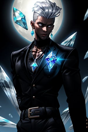 A dramatic shot of a suave Black_Male standing confidently against a bright, sleek backdrop. He's dressed in all black attire, accentuated by a shining silver belt and neckalace and ear rings. In his hand, he grasps a glowing power crystal that seems to defy gravity, hovering inches from his palm. The soft glow of the crystal casts an otherworldly light on his chiseled features, emphasizing his mysterious aura.