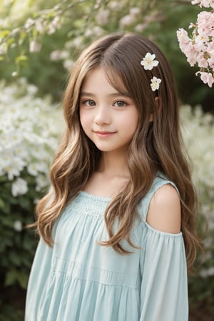 "An image of a young girl around 11 years old, with light brown hair in soft waves reaching her shoulders. She is wearing a pastel-colored dress, with a gentle smile on her face. Her large, curious eyes are light blue, and she is standing in a peaceful garden surrounded by blooming flowers and soft sunlight filtering through the trees. The background has a natural, serene atmosphere with vibrant greens and colorful blossoms."