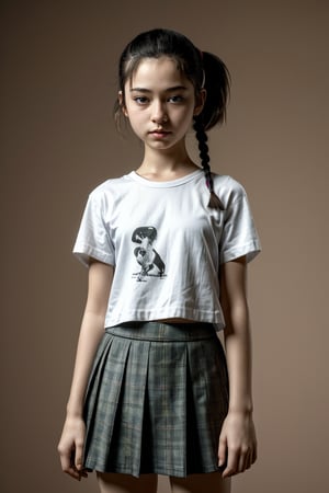  (best quality, masterpiece, ultra detailed, ultra high res, photorealistic, raw photo, absurdres, absolutely resolution:1.3),flat Chest,infant body shape,12yo cute girl,school uniform, short sleeve,Plaid skirt, short skirt,ponytail,