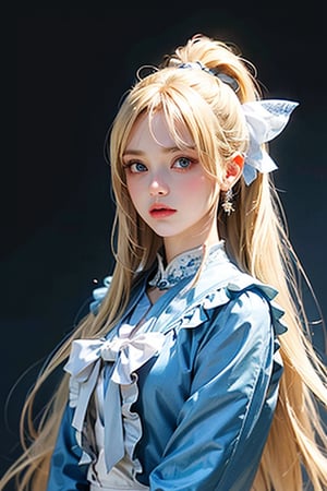 Flat Chest, (Very detailed), Very beautiful platinum blonde super long straight silky hair, Cute light blue princess dress,(Frill dress),(Short sleeve),Such beautiful, big, blue eyes, big eyes,ponytail,Half Up, full body shot, Body, close, face, cute lol face, Look forward, 15-year-old, Teenage Girl,No tail,(No tail),2D, masterpiece, Highest quality, And soul, Detailed eyes, detailed face, blonde Beautiful girl, Just One, blonde super long straight hair, (blonde), Bangs between the eyes, Hair above the eyes, Hair above the eyes, Ear hair, , Single Blade, (Single Blade) ), (Side Blade), Pink Ribbon, Ribbon on neck, (White sleeves), Background blur, Small face beautiful girl, Cheek highlight,xuer Lotus leaf,best quality