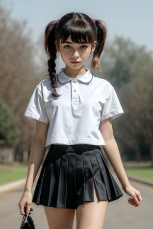  (best quality, masterpiece, ultra detailed, ultra high res, photorealistic, raw photo, absurdres, absolutely resolution:1.3),flat Chest,infant body shape,12yo cute girl,loli,collared shirt, pleated skirt, school uniform, bow,ponytail,hight ponytail,