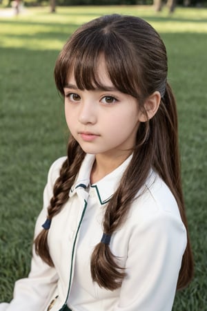 Cute little girl in uniform, tender moment photographed on the grass in the park:1girl A 12-year-old brown-eyed girl with a youthful glow. Her hair is brown and pulled into a ponytail with blunt bangs that frame her angelic features. Creates a gentle atmosphere. flat chest.