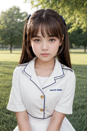 Cute little girl in uniform, tender moment photographed on the grass in the park:1girl A 12-year-old brown-eyed girl with a youthful glow. Her hair is brown and pulled into a ponytail with blunt bangs that frame her angelic features. Creates a gentle atmosphere. flat chest.