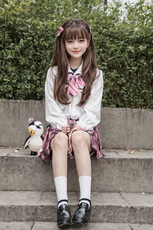 A stunning 16K UHD image of a beautiful cute girl sitting provocative on stairs, wearing a school uniform with brown hair styled in bangs and a hair ribbon, pleated skirt, black socks, loafers, and a neckerchief. She sits with slender hands holding a pink and a stuffed owl toy (kero). The background features an intricate depiction of a serene outdoor setting at dusk, with clouds, petals, leaves, and a railing. The girl looks directly at the viewer with a bright smile and sparkling eyes, surrounded by vivid colors and high contrast. Her long hair flows gently in the wind, and her school bag sits beside her on the stairs. In her lap, she cradles a cute stuffed penguin toy.