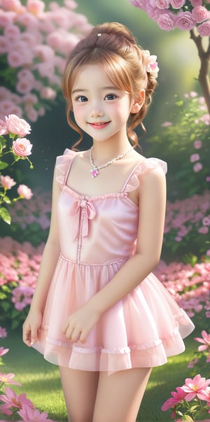 (((flat Chest))),infant body shape,11yo,A stunning 16K UHD image of a young cute girl standing in rose garden, see-through pink dress,very mini dress, knees away,loli,earrings, hair ornament, hair flower,female child,ponytail,high ponytail,side ponytail,on_side,brown hair , Supine PositionThe girl looks directly at the viewer with a bright smile and sparkling eyes, surrounded by vivid colors and high contrast.,legs_apart,leaning_back,looking_at_viewer