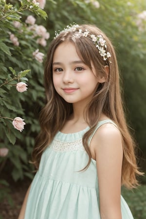 "An image of a young girl around 11 years old, with light brown hair in soft waves reaching her shoulders. She is wearing a pastel-colored dress, with a gentle smile on her face. Her large, curious eyes are light blue, and she is standing in a peaceful garden surrounded by blooming flowers and soft sunlight filtering through the trees. The background has a natural, serene atmosphere with vibrant greens and colorful blossoms."