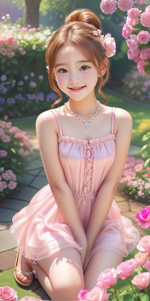 (((flat Chest))),infant body shape,11yo,A stunning 16K UHD image of a young cute girl standing in rose garden, see-through pink dress,very mini dress, knees away,loli,earrings, hair ornament, hair flower,female child,ponytail,high ponytail,side ponytail,on_side,brown hair , Supine PositionThe girl looks directly at the viewer with a bright smile and sparkling eyes, surrounded by vivid colors and high contrast.,legs_apart,leaning_back,looking_at_viewer