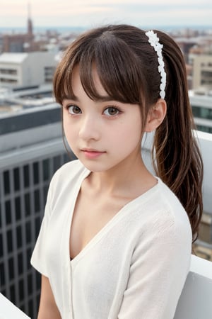 A cute magical girl with a small face, a tender moment taken on top of a building: 1girl A 12-year-old girl with brown eyes and a youthful glow. Her hair is brown and pulled into a ponytail with blunt bangs that frame her angelic features. Creates a gentle atmosphere. flat chest.