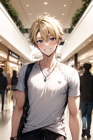 At the mall. male. A sunny, handsome and athletic boy with a bright smile. blond