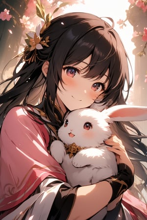 The world of cultivating immortals. girl. black hair. Pink and white clothes. Holding rabbit.Happy