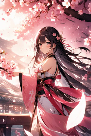 The world of cultivating immortals. Girl. Black hair. Pink and white clothes. Cherry blossoms. Petals are flying.