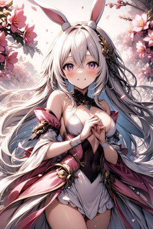 The world of cultivating immortals. female. White bunny ears. Long white hair. Pink and white clothes.Happy smile