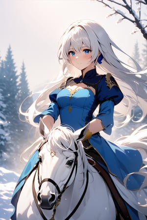 The world of cultivating immortals. female. .((white hair.white-blue clothes)). Half-length photo. riding a snow white horse