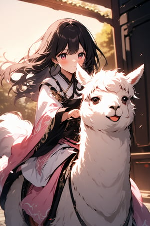 The world of cultivating immortals. female. ((Black hair. Pink and white clothes)). Half-length photo. Riding a white alpaca. Cute alpaca