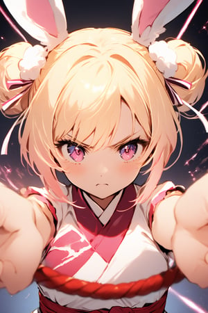 A close-up shot of a young martial arts practitioner, dressed in a bright pink and white striped dress, her short blonde hair styled in two tiny buns adorned with bunny ear headbands. Her eyes sparkle with determination as she assumes a fighting stance, her hands grasping an imaginary nunchaku.