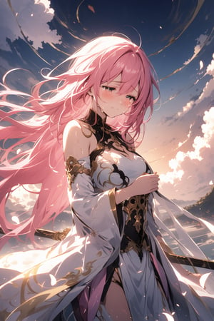 The world of cultivating immortals. Female. Pink hair, white clothes, with cloud patterns on the clothes. (Crying)