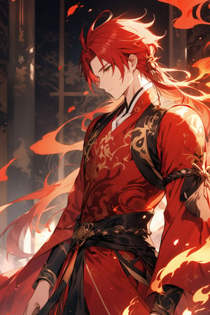 The world of cultivating immortals. Male. Red hair. Red clothes. There are flame patterns on the clothes.