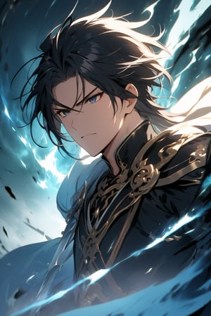 The world of cultivating immortals. Male. Black hair. Black clothes. Domineering. Attacks with a sword. Exudes a powerful aura.