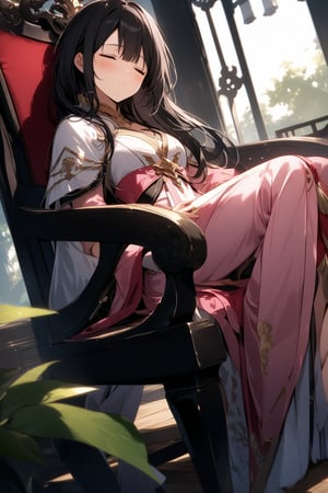 The world of cultivating immortals. girl. black hair. Pink and white clothes. Sitting on a chair. Asleep