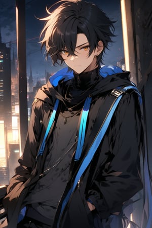 Urban male hacker. Black hair