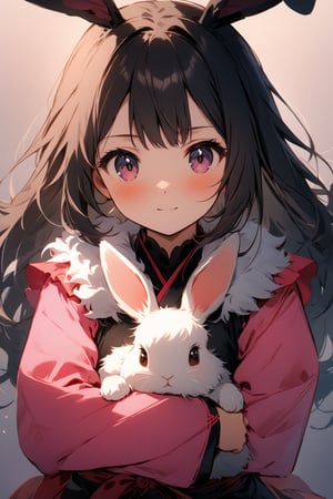 A young martial arts practitioner in a dynamic pose, dressed in pink clothing and sporting jet-black hair, holds a adorable rabbit in her arms. The framing is tight, with the subject centered against a subtle gradient background. Soft, diffused light illuminates the scene, highlighting the textures of her clothes and the rabbit's fluffy fur. The composition is balanced by the diagonal line formed by the girl's arm and the rabbit's ears.