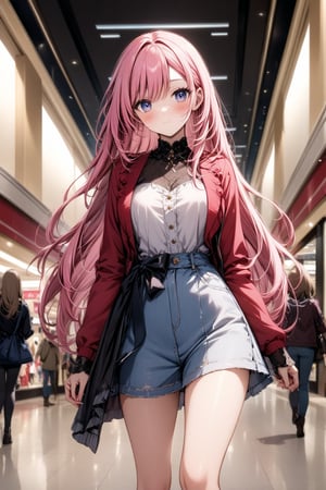 At the mall. female. Long pink hair. fashion clothing