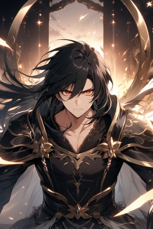 The world of cultivating immortals. Male. Long black hair. Black clothes. Stern face. Sharp eyes.