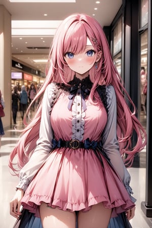 At the mall. female. Long pink hair. fashion clothing