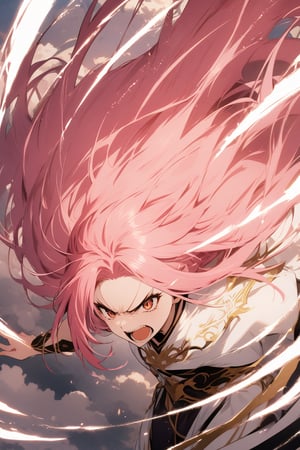 The world of cultivating immortals. female. Pink hair, white clothes, and cloud patterns on the clothes. (Angry. Open your mouth)