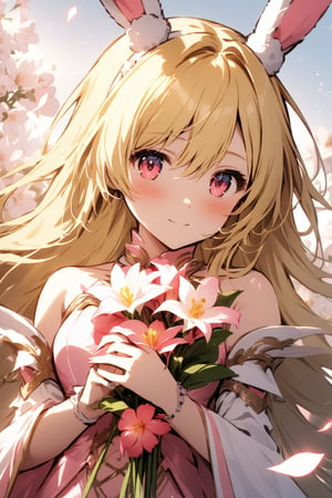 The world of cultivating immortals. female. Bunny ears. ((Blonde hair. White pink outfit)). Half-length photo. Holding fantasy flowers. Lively