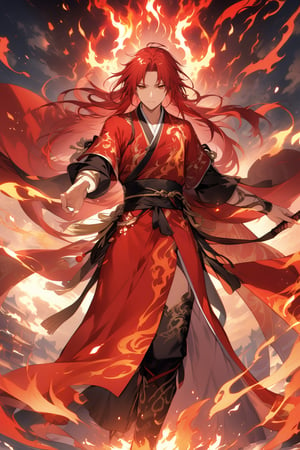 The world of cultivating immortals. Male. Red hair. Red clothes. There are flame patterns on the clothes.