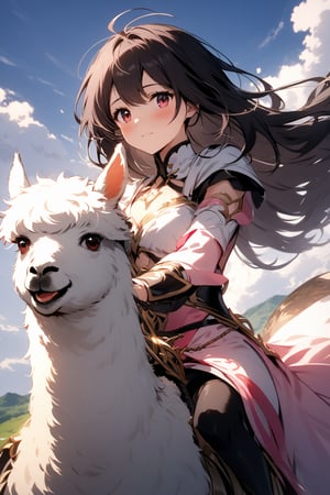 The world of cultivating immortals. female. ((Black hair. Pink and white clothes)). Half-length photo. Riding a white alpaca